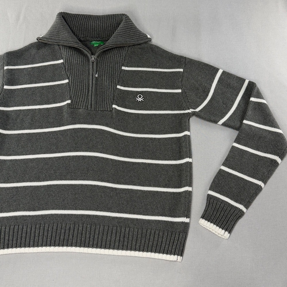 United Colors of Benetton Gray Striped Quarter Zip Cotton Knit Sweater - Picture 5 of 12